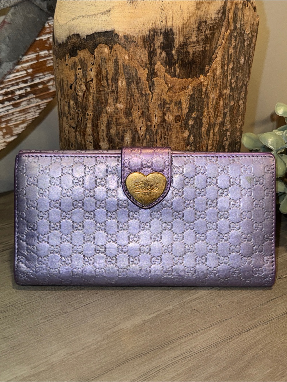 Gucci Metallic, Lavender and Silver GG Monogram Wallet with Gold Heart Tab - Picture 1 of 11